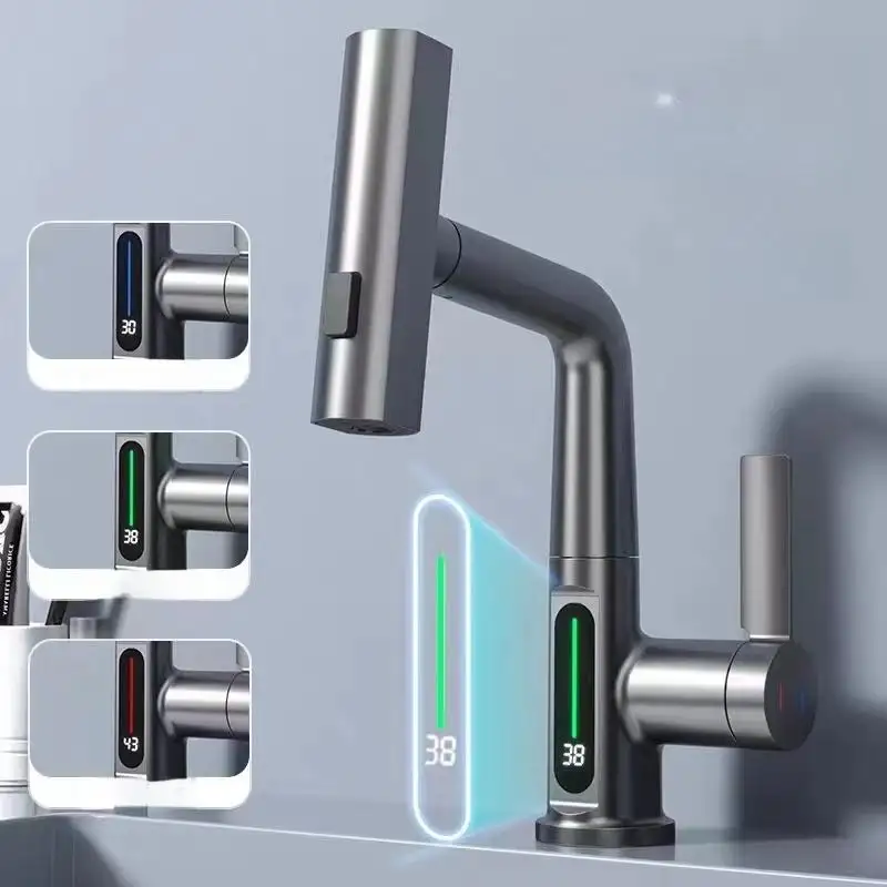 新しい水力発電スマートインテリジェントデジタルディスプレイ滝ミキサータッププルアウト浴室洗面器水栓