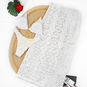 Ensemble bikini 3 pièces au crochet géométrique, maillot de bain triangle dos nu à nouer sur les côtés, jupe longue en dentelle pour femme, séchage rapide, idéal plage - Product Image 4