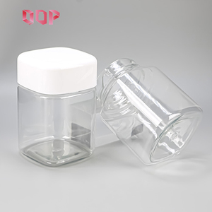 Food Grade Wide Mouth Square Shape PET <b>Plastic</b> <b>Container</b> Jar with White Lid 300ml - Product Image 2