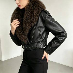 <span class=keywords><strong>Veste</strong></span> en cuir courte pour femmes, très tendance, avec col en fourrure de Mongolie véritable, <span class=keywords><strong>grande</strong></span> <span class=keywords><strong>taille</strong></span>, manteau de printemps et d'automne, vêtement d'extérieur en fourrure pour femmes - Product Image 3