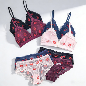 New Arrival Sexy Lip Heart Print Lingerie Set Lace <strong>Bra</strong> and Panty Two-Piece Set Romantic Valentine's Day Gift Women Underwear Set - Product Image 2