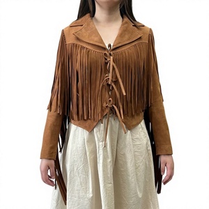 Brown <b>Suede</b> Leather <b>Jacket</b> with Tassel Fringe Turn-down Collar Casual Autumn Slim Fit Short Length Breathable <b>Men</b> - Product Image 3