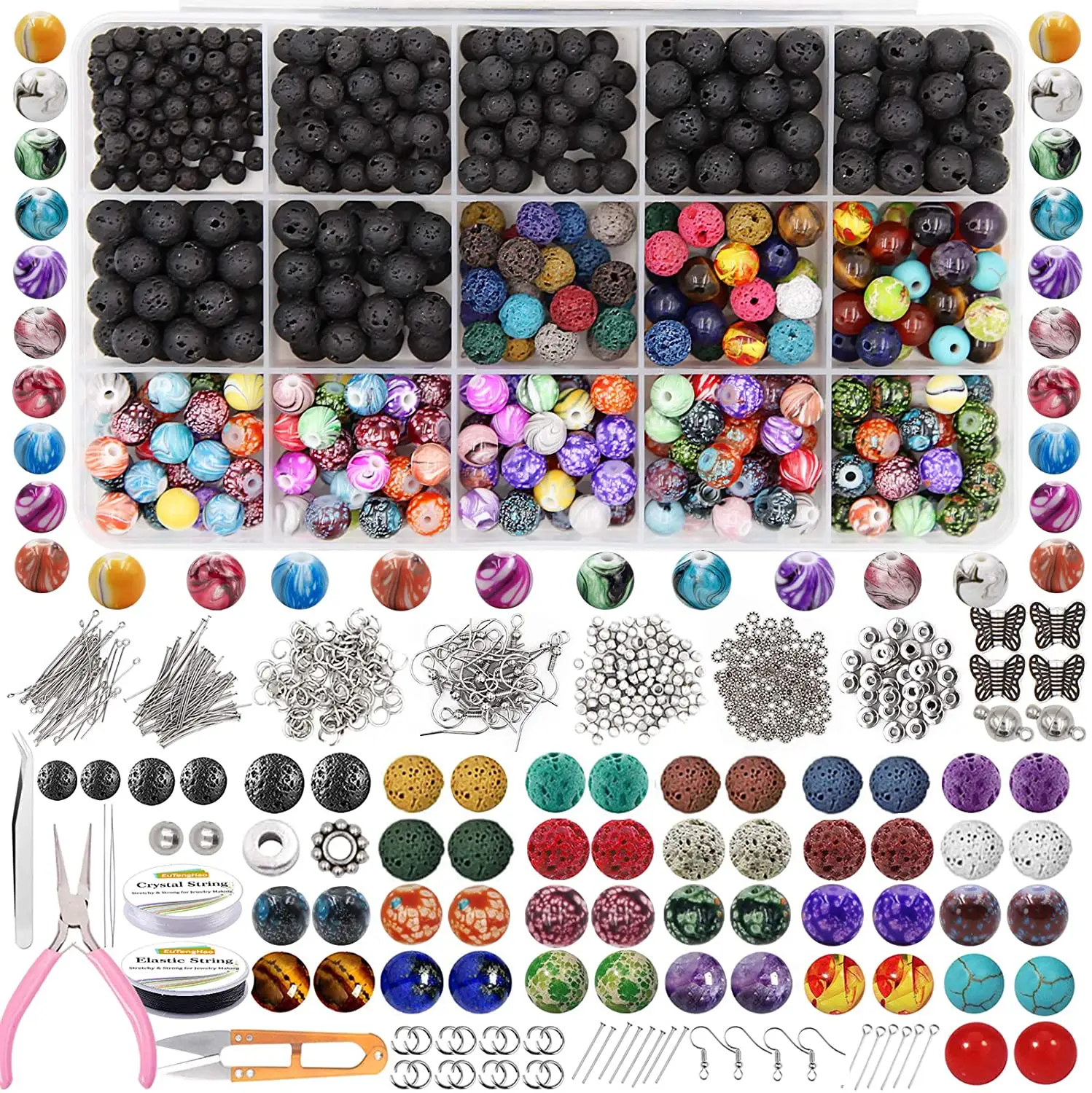 846Pcs <span class=keywords><strong>Lava</strong></span> Stone Manik-manik Batu Longgar Cloisonne Manik-manik Kit Chakra Spacer Beads untuk Perhiasan Membuat DIY Gelang Kerajinan Kit