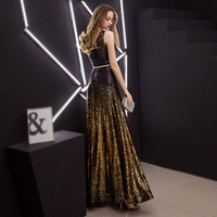 Nouvelle arrivée Or Noir Fente Cou Doux Longue Mariée Club Fête Sans Manches Paillettes Robes De Bal Robe De Soirée Longueur Au Sol
