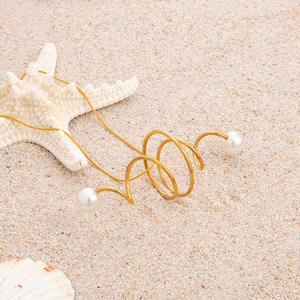 European And American <b>Cross</b> Border Curved Hollow Stainless Steel Necklace With Pearl Pendant 18K Gold Clavicle <b>Chain</b> For Women - Product Image 4