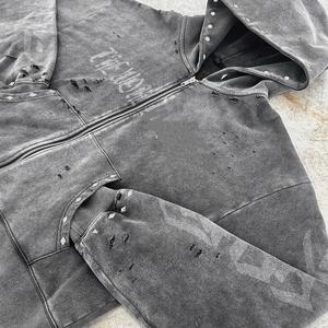 Sweat à capuche zippé oversize pour homme de haute qualité, 100% coton, avec détails rivets, effet délavé, logo imprimé, couleur unie, style vintage - Product Image 2