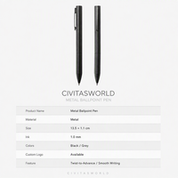 Stylo bille métallique fin personnalisé avec logo, encre noire et bleue 1,0 mm, promotionnel, vente en gros