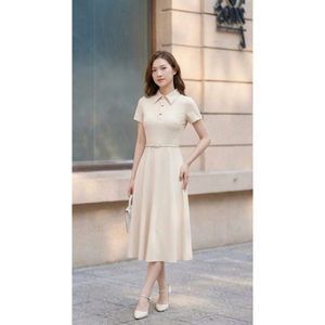 Robe midi élégante en ivoire à col polo, manches courtes, boutonnée sur le devant, taille cintrée, jupe évasée, robe de bureau pour femme, OEM ODM - Product Image 1