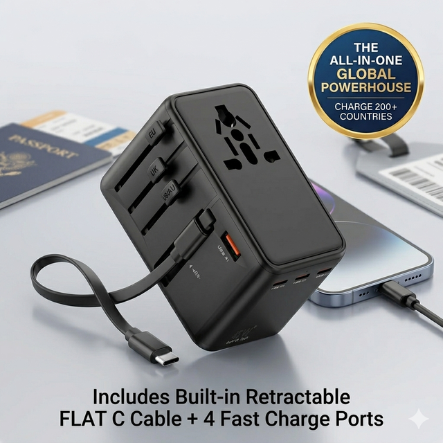 PD 45W GaN Adaptor Universal Plug Travel USB-C Multifunction Charger for Laptop Camera Earphones with Retractable Type-C Cable
