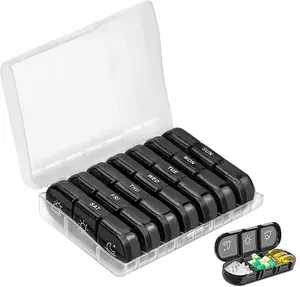 Kotak penyimpanan kulit portabel perjalanan obat, luar ruangan, kotak obat PP warna 21 kisi, kotak penyimpanan obat
