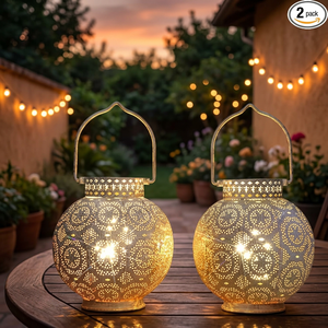 Ramadan Eid Festive Table Centerpiece Gold Perforated Metal <b>Globe</b> Lantern Outdoor Hanging <b>LED</b> Lantern <b>Light</b> - Product Image 3