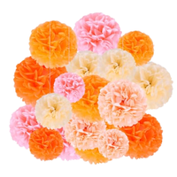 Kit de 5 fleurs en papier et pompons faits à la main - Couleurs rose clair, orange, blanc - Décoration pour anniversaire, mariage, baby shower, adulte - Chine