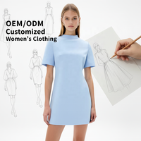 Nouvelle Robe Mini Femme Élégante d'Été en Crêpe Structuré Bleu Poudré à Col Montant et Manches Courtes, Coupe Trapèze Minimaliste Personnalisée