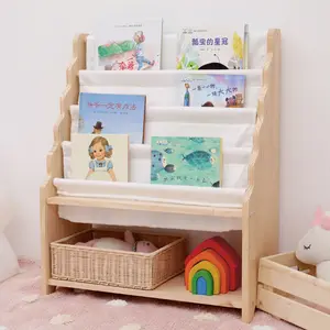 Montessori Bookshelf 4 Shelves Wooden Book Shelf Kids Wooden Sling Canvas Solid Wood Bookcases Book Rack For Children