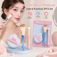Ensemble de 3 pinceaux de maquillage portables et mignons avec pinceau fond de teint, houppette et coffret cadeau – Outils de beauté à poils synthétiques