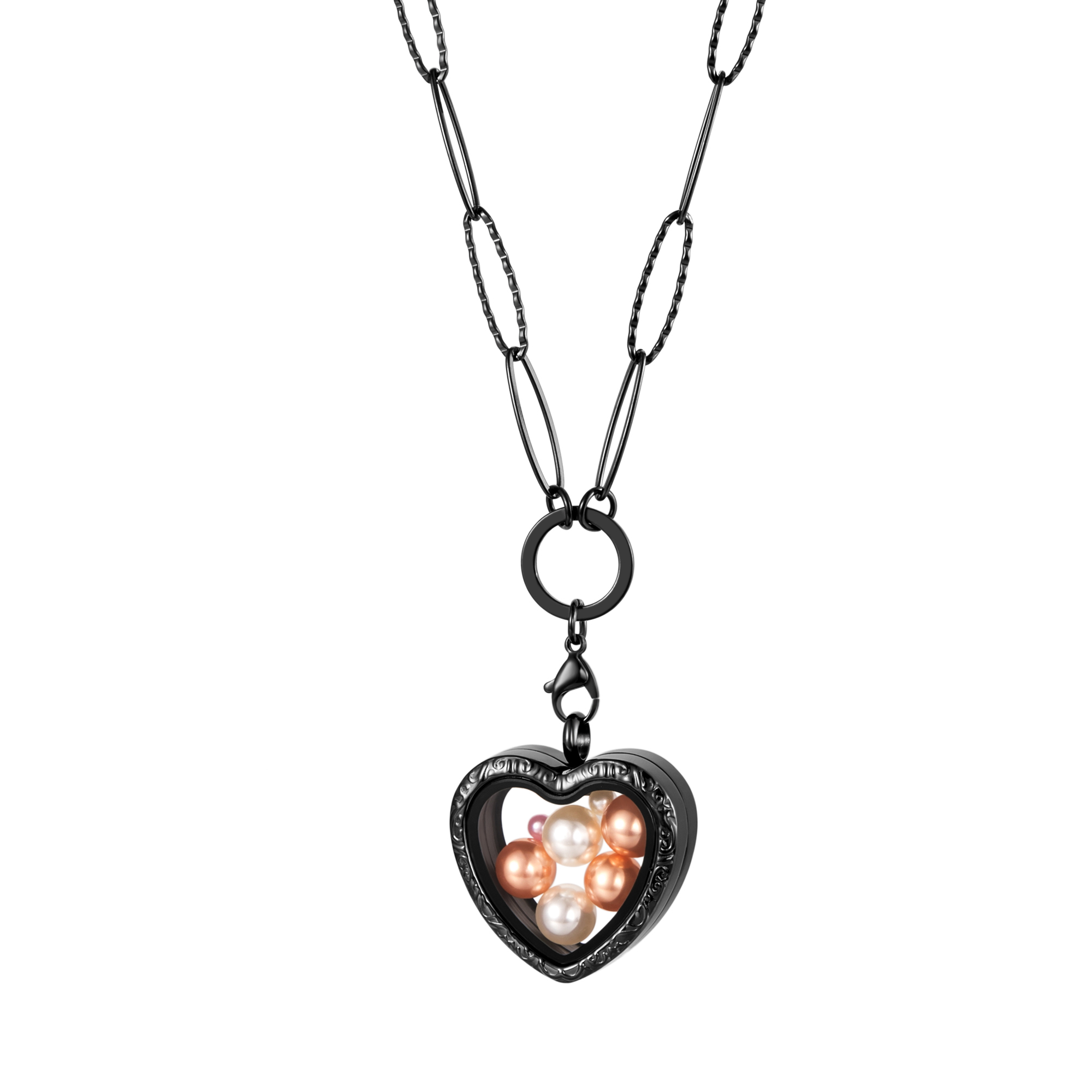 316L Stainless Steel Black Heart Memory Floating Glass 8mm PEARL Locket Pendant Necklace