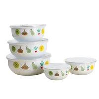 Ensemble créatif de 5 bols en émail à motifs floraux et animaux avec couvercles en plastique, compatibles micro-ondes, pour la cuisine et la maison, pour servir des salades