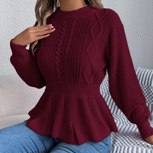 Fall/Winter Solid Color Twisted Waistline Ruffled Long-Sleeve <b>Pullover</b> <b>Sweater</b> Fashion - Product Image 3