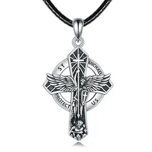 Archangel Saint Michael Cross 925 Sterling Silver Pendant Necklace Fashion Leather Chain For Men