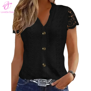 Loveda all'ingrosso estate nuovo arrivo donna tinta unita decorazione con bottoni in <span class=keywords><strong>pizzo</strong></span> con scollo a V cavo camicia a <span class=keywords><strong>maniche</strong></span> <span class=keywords><strong>corte</strong></span> - Product Image 5