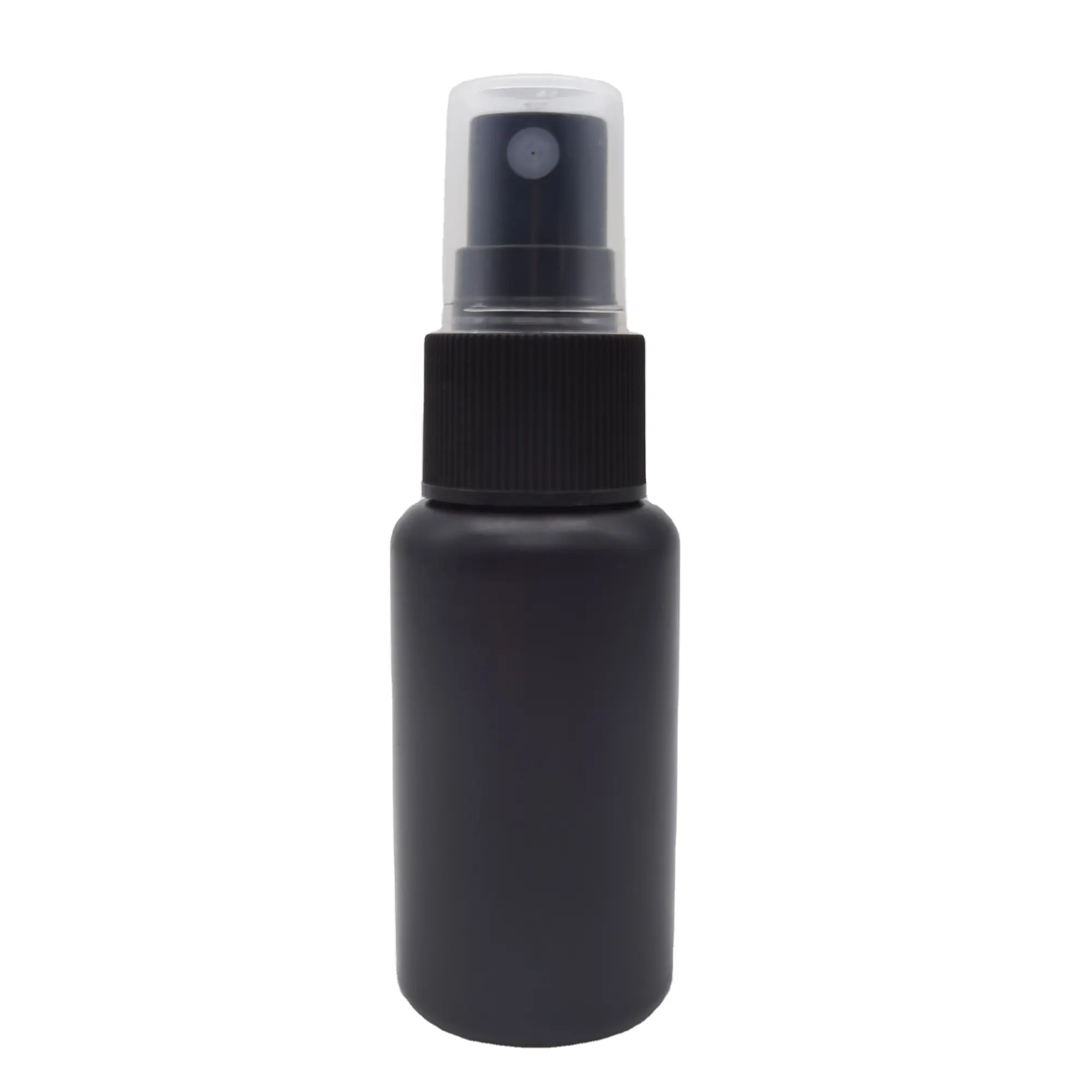 30ml Ounce HDPE Plastic Empty Refillable Matte Black Mist Spray Bottle with Black Ribbed Fine Mist Pump Spray Caps