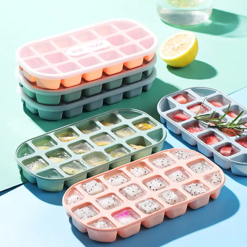Langlebiges Eiswürfelschale Lebensmittelqualität 18 Hohlstellen Silikon-Eiswürfelform mit Behälter und Deckel