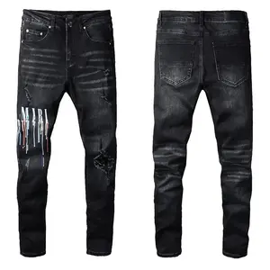 Custom Skinny Denim Stretch Heren Jeans Slant Pock Angel Grafische Print Beschadigd Amiris Jeans Heren