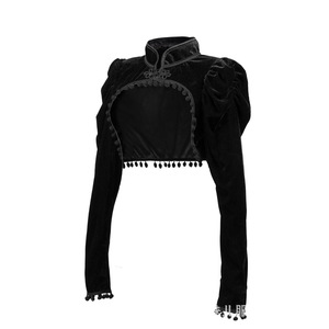 Chaqueta Corta de Terciopelo Negro, Manga Larga, Cuello Alto, Detalle de Borlas, Top Elegante y Ajustado para Mujer - Product Image 5