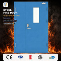 Porte coupe-feu en acier à double battant inégal avec serrure à clavier, panneau de vision, sécurité contemporaine pour bureau, taille personnalisée, revêtement en poudre bleu