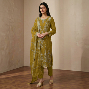 Ensemble en rayonne vert moutarde brodé pour femme avec dupatta, tenue traditionnelle indienne et pakistanaise, longueur cheville, pour mariage - Product Image 1