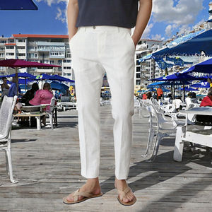 OEM 2025 Men's <strong>White</strong> Solid Cotton <strong>Linen</strong> <strong>Cropped</strong> Casual Pants Breathable Breathable Suit <strong>Trousers</strong> Flat Zipper Fly <strong>Linen</strong> <strong>White</strong> - Product Image 4