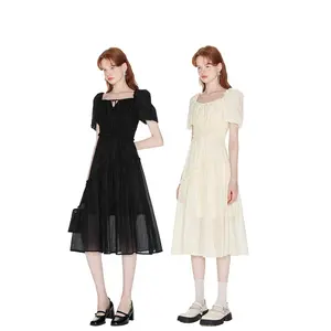 ITIB & IEM Designer Collaboration Square Neck Bubble Sleeve Wrap Dress for Women Mid-Length Solid Color Dress