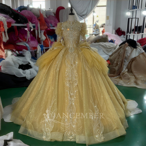 ชุดราตรีสีทอง Xs231 ทรงบอลกาวน์ทันสมัยสำหรับคุณแม่เจ้าสาวหรืองาน Quinceanera ไซส์พลัส ประดับด้วยลูกไม้ปักลาย คริสตัล และลูกปัด พร้อมผ้าจับจีบ - Product Image 5