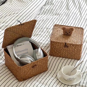 Japanese Style Rattan Woven Storage <b>Basket</b> With Lid Rectangle Eco Friendly Desktop Organizer For Cosmetics And Miscellaneous - Product Image 1