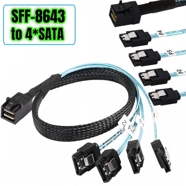 Mini SAS SFF-8643 to 4 SATA Cable, SFF 8643 Host to 4X SATA Cable Compatible Raid Controller Hard Drive Forward Breakout Cable