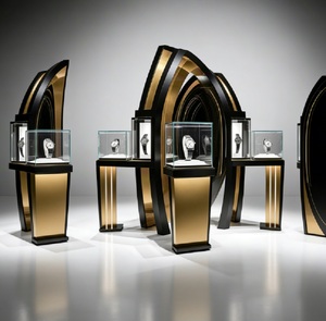 Vetrina Espositiva Curva Artistica per Negozio di Orologi di Lusso, Vetrina in Vetro con LED Nero e Oro - Product Image 3