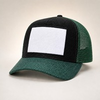Casquette Trucker personnalisée 5 panneaux, noire à l'avant, dos en maille vert chasseur, visière incurvée, patch vierge, snapback unisexe, vente en gros, OEM, faible MOQ