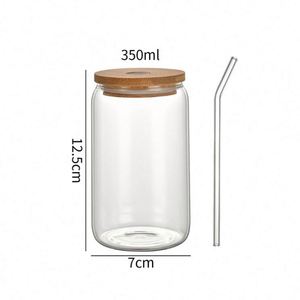 Verres réutilisables en bambou avec couvercle, type Mason Jar, 350 ml, transparents, pour boire avec pailles - Product Image 1