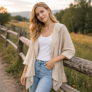 Cárdigan con Capucha de <span class=keywords><strong>Lino</strong></span> Color Beige Avena Personalizado para <span class=keywords><strong>Mujer</strong></span>, con Frente Abierto y Dobladillo Irregular, Corte Holgado Elegante para Damas. - Product Image 3