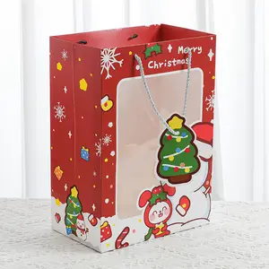 Рождественский Подарочный пакет, бумажная сумка-тоут с окошком для подарка, пакет для упаковки яблок на Рождество
