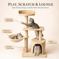 Arbre à chat compact en gros avec poteaux à gratter en corde de sisal, niche ronde pour chat, panier en peluche et plateformes d'escalade OEM