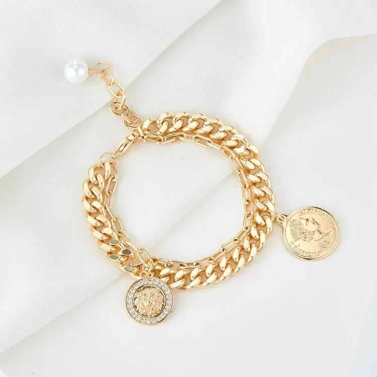 Fashion Women Jewelry Designs 14K Gold Plated Lion Head Coin Shape Charm Link Bracelet