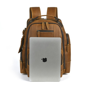 Crazy Horse Leather <b>Backpack</b> Men Large Capacity Retro Genuine Leather Travel <b>Backpack</b> Dark <b>Brown</b> Light <b>Brown</b> - Product Image 3
