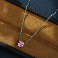 Collar de plata de ley 925 con forma de cojín, Gargantilla de diamante de circonia rosa, brillante, 7mm x 7mm