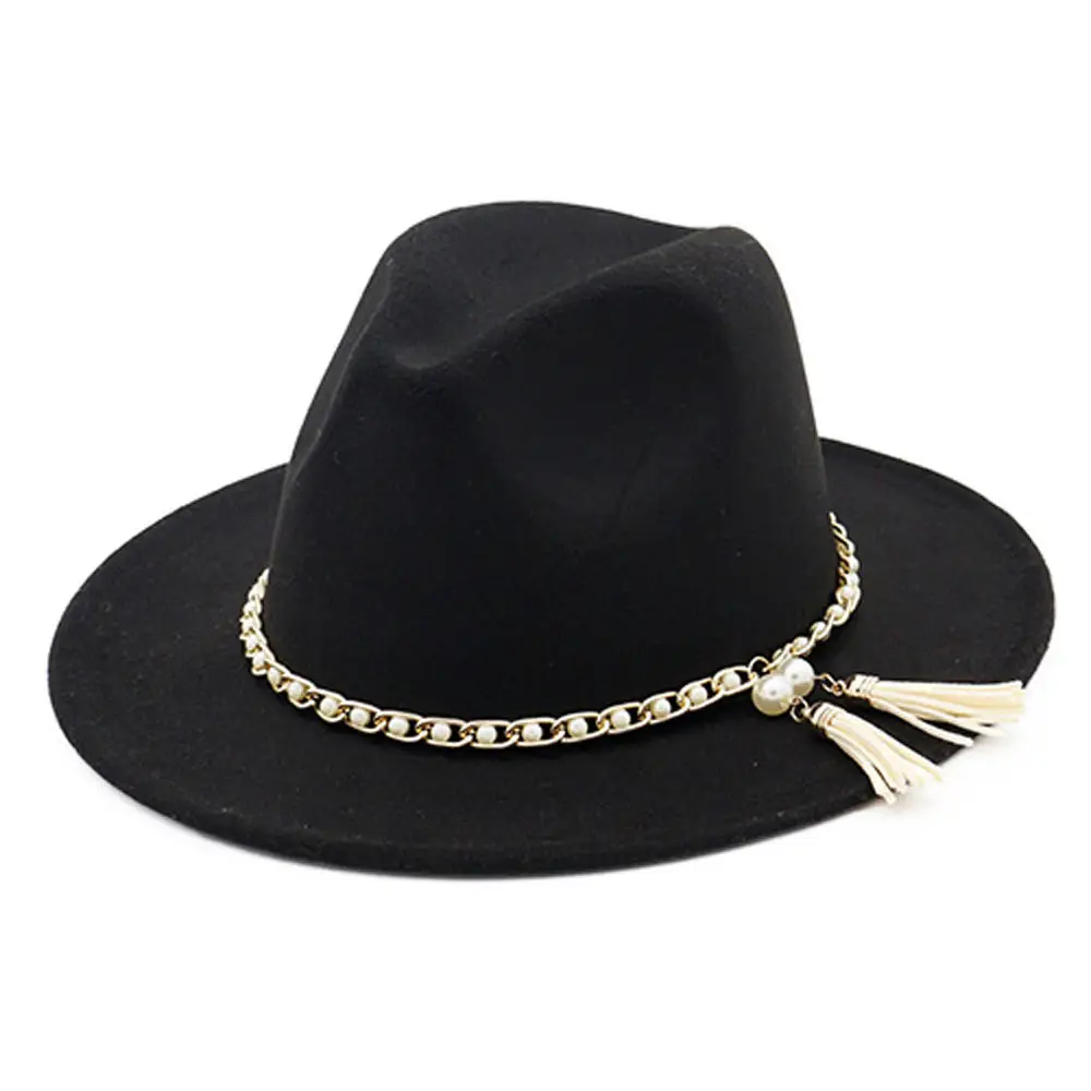 Sombrero de Panamá de fieltro de lana negro personalizado para mujer con borlas