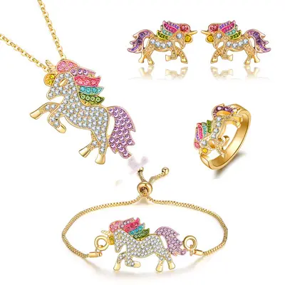 Komi Fashion Necklace Earrings Ring Bracelet Jewelry Sets for Women Crystal Unicorn Cute Gold Silver Jewelry Accessory Alloy 45g