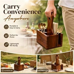 Wooden Multi Compartment Tableware <b>Storage</b> <b>Box</b> Rectangular Solid Wood Organizer For <b>Kitchen</b> Outdoor Use - Product Image 1