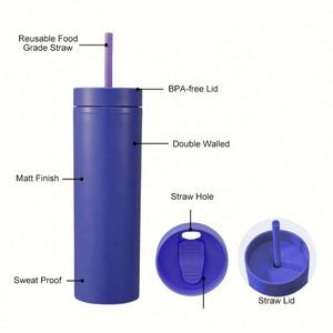 Venta al por mayor de fábrica: Vaso térmico delgado y recto de 16 oz, colores mate, doble pared con tapa de rosca y pajita para camping y fiestas. - Product Image 4