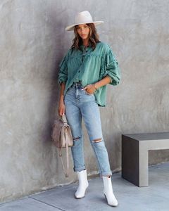 Chaquetas Vaqueras Deslavadas al por Mayor para Mujer, Tops de Moda, Chaqueta Vaquera Verde con Mangas con Volantes, Ropa de Calle para Mujer, Blusas - Product Image 4