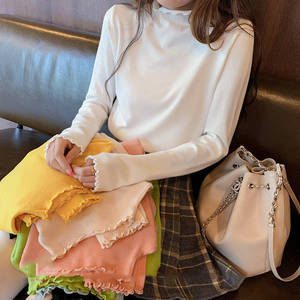Nouveau automne hiver femmes décontracté solide ample à manches longues volants demi col roulé <span class=keywords><strong>T</strong></span>-Shirts dame filles <span class=keywords><strong>basique</strong></span> <span class=keywords><strong>t</strong></span>-shirts hauts haut solide - Product Image 2